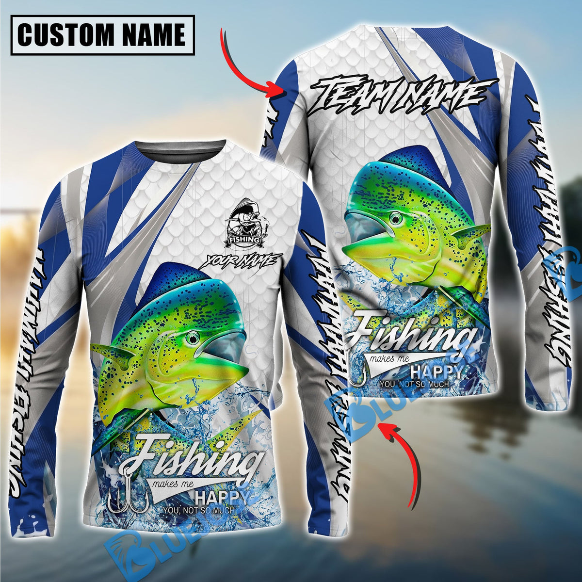 BlueJose Mahi-Mahi Fishing White Scale Pattern Custom Name & Team Name 3D Shirts