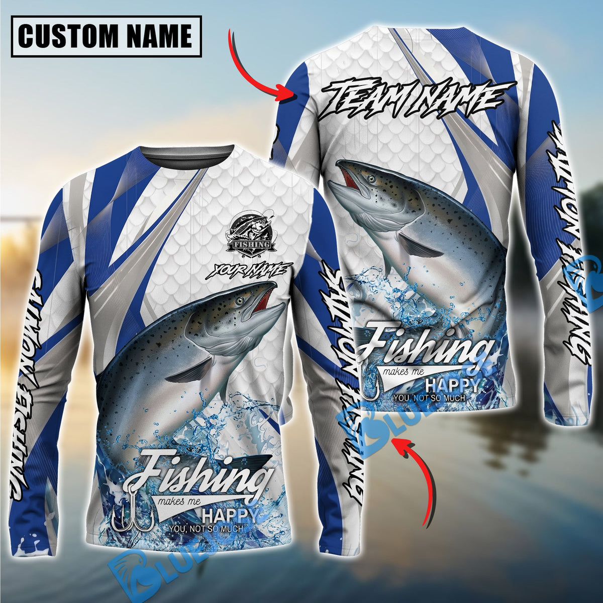 BlueJose Salmon Fishing White Scale Pattern Custom Name & Team Name 3D Shirts