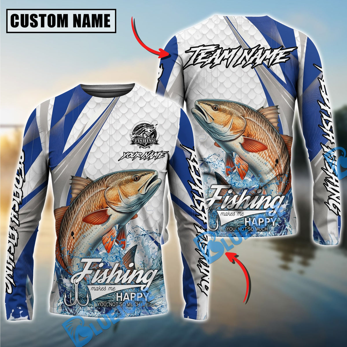 BlueJose Redfish Fishing White Scale Pattern Custom Name & Team Name 3D Shirts