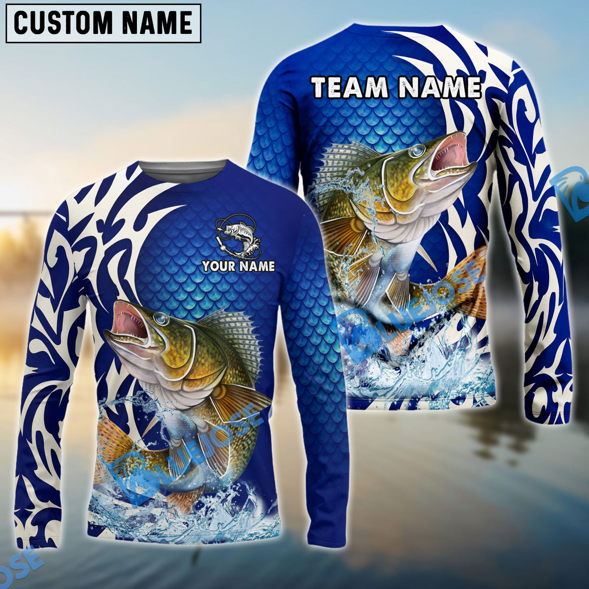 BlueJose Walleye Fishing Scale Pattern Tribal Style Custom Name & Team Name 3D Shirts