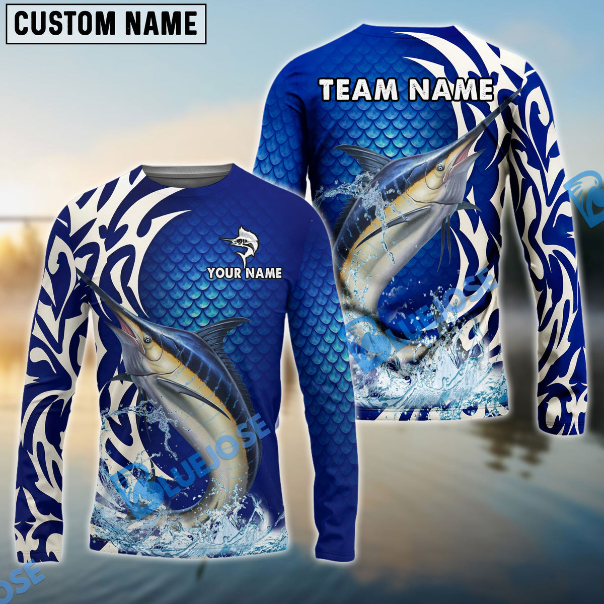 BlueJose Marlin Fishing Scale Pattern Tribal Style Custom Name & Team Name 3D Shirts