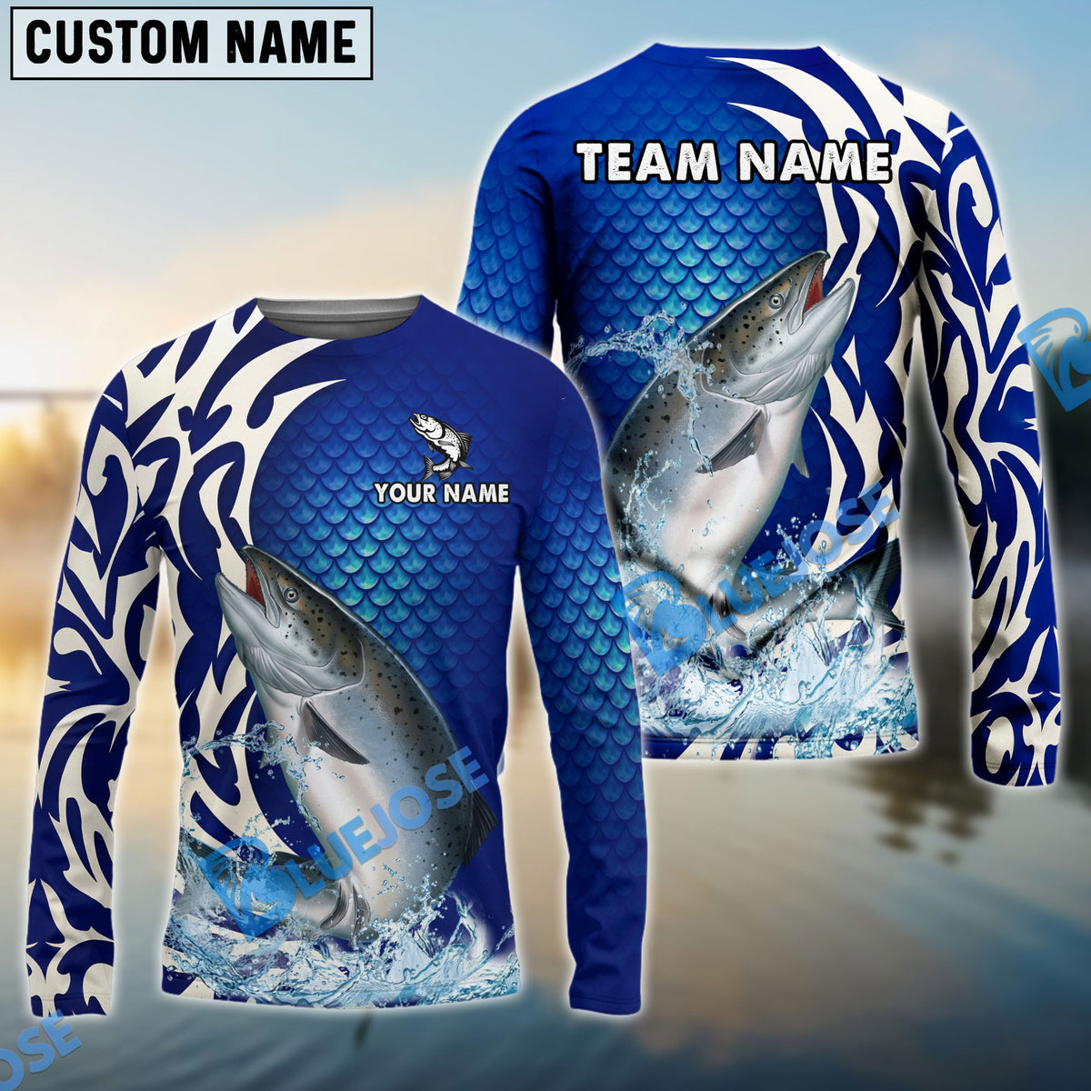 BlueJose Salmon Fishing Scale Pattern Tribal Style Custom Name & Team Name 3D Shirts
