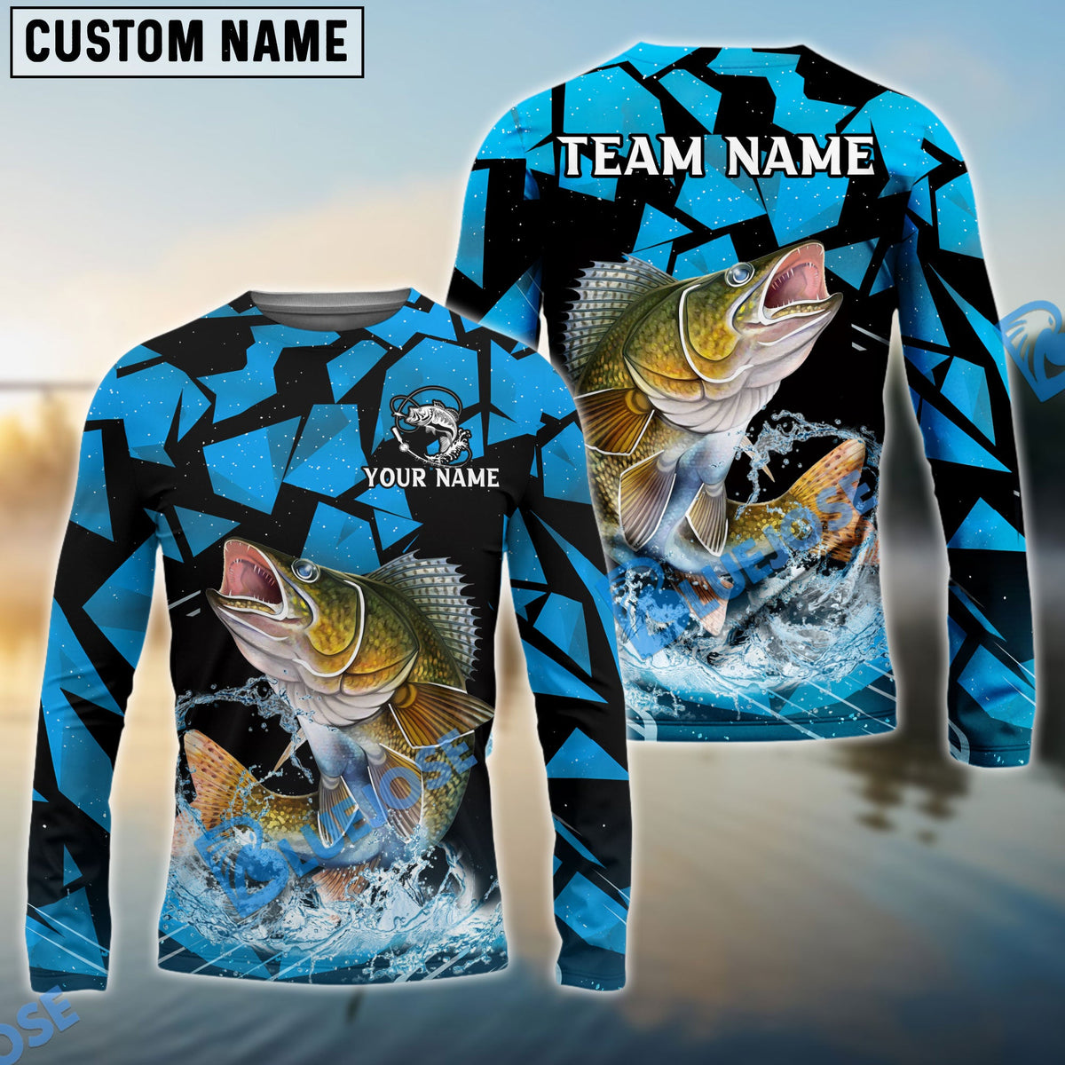 BlueJose Walleye Fishing Geometric Camouflage Splash Art Custom Name & Team Name 3D Shirts