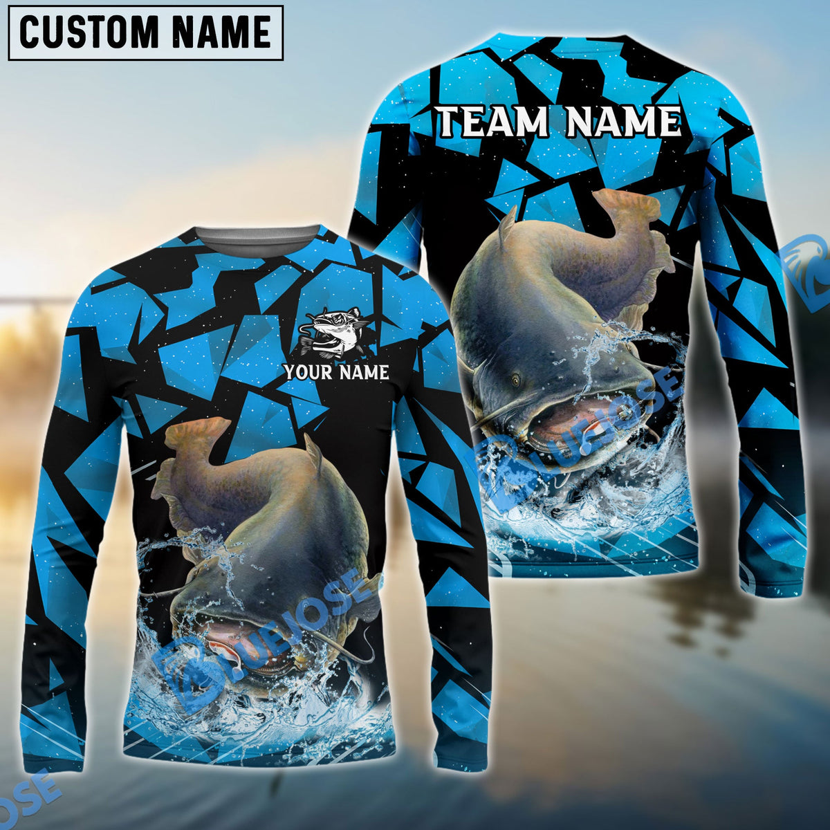 BlueJose Catfish Fishing Geometric Camouflage Splash Art Custom Name & Team Name 3D Shirts