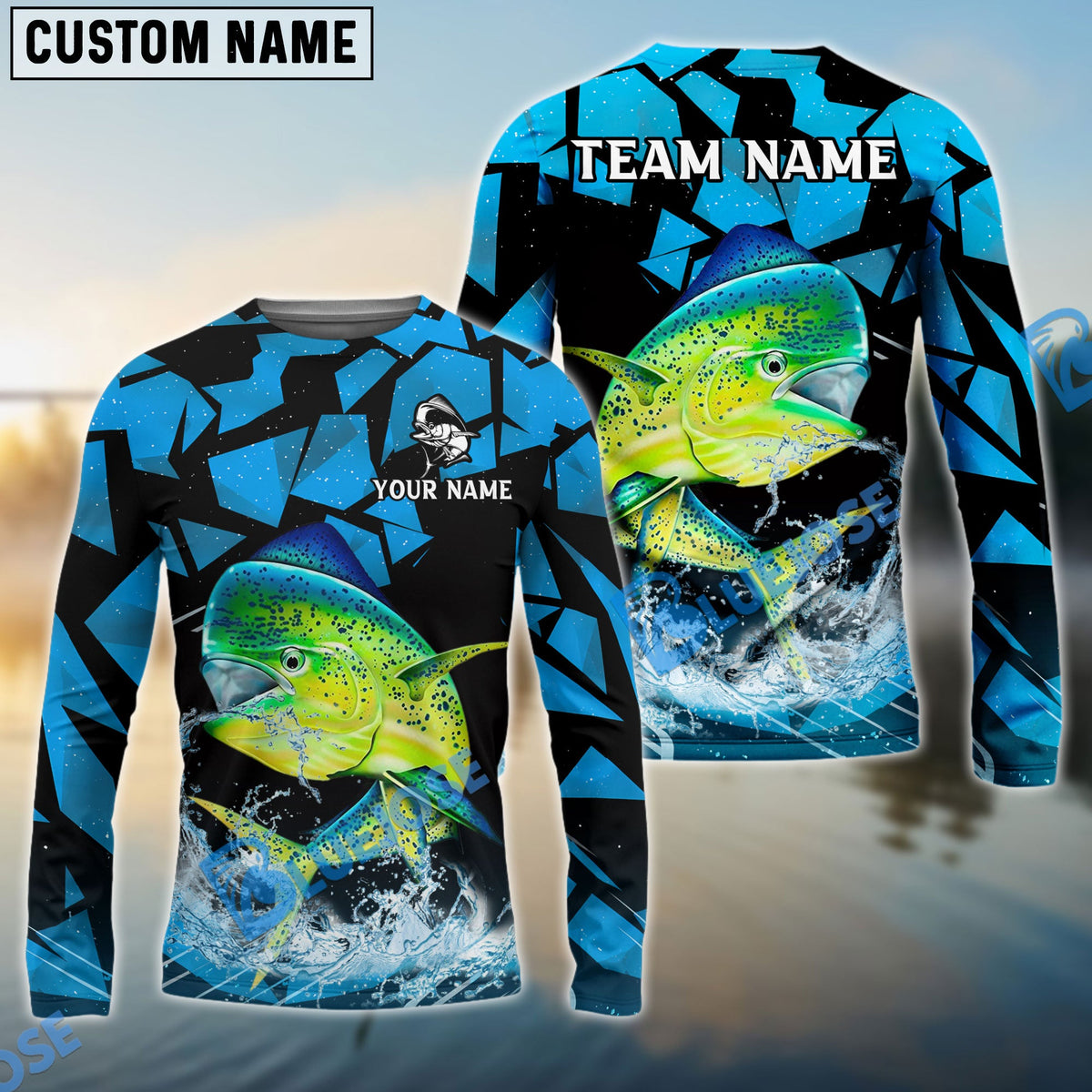 BlueJose Mahi-Mahi Fishing Geometric Camouflage Splash Art Custom Name & Team Name 3D Shirts