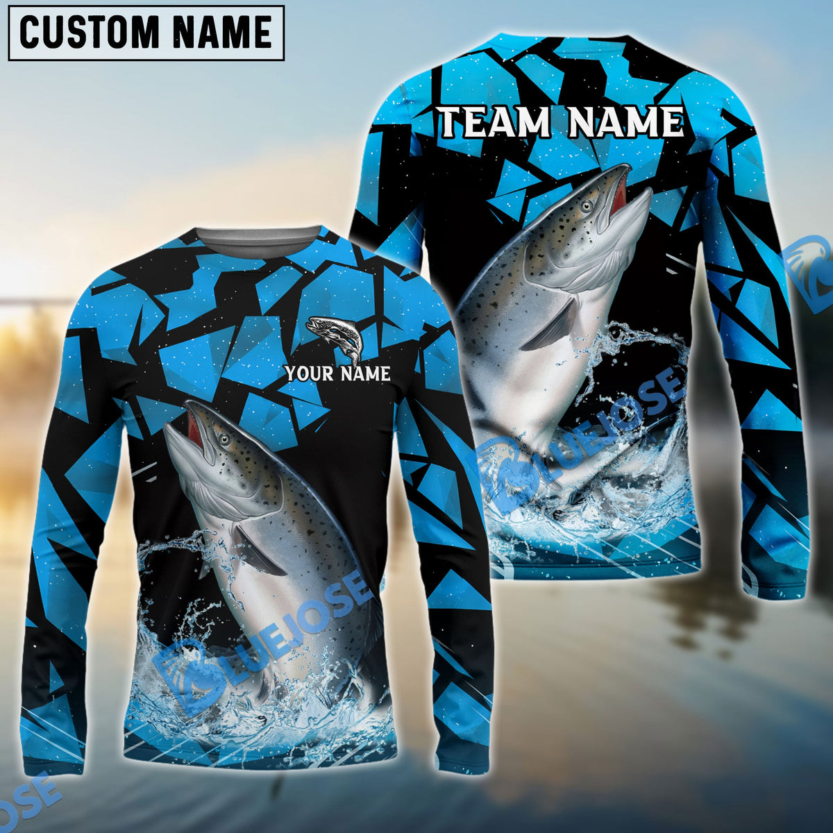 BlueJose Salmon Fishing Geometric Camouflage Splash Art Custom Name & Team Name 3D Shirts