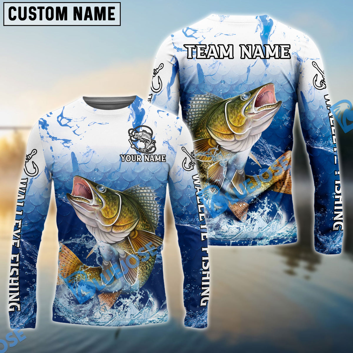 BlueJose Walleye Fishing Ocean Scale Gradient Splash Design Custom Name & Team Name 3D Shirts