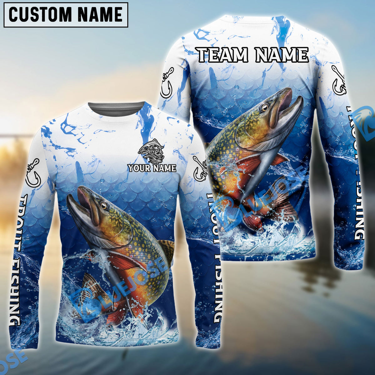BlueJose Trout Fishing Ocean Scale Gradient Splash Design Custom Name & Team Name 3D Shirts