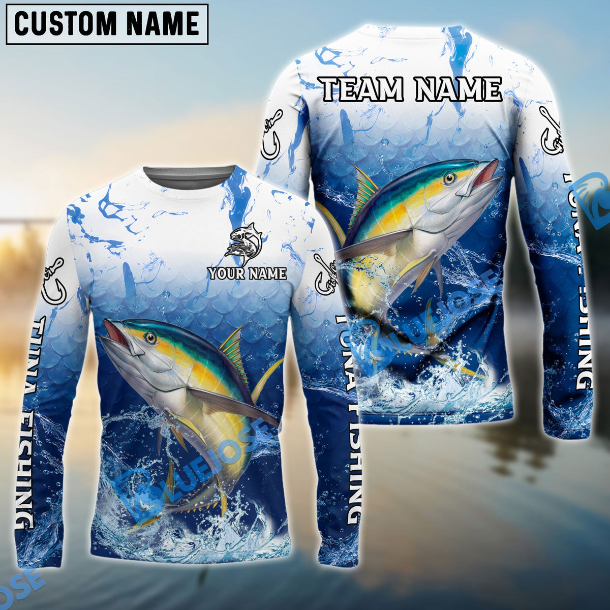 BlueJose Tuna Fishing Ocean Scale Gradient Splash Design Custom Name & Team Name 3D Shirts