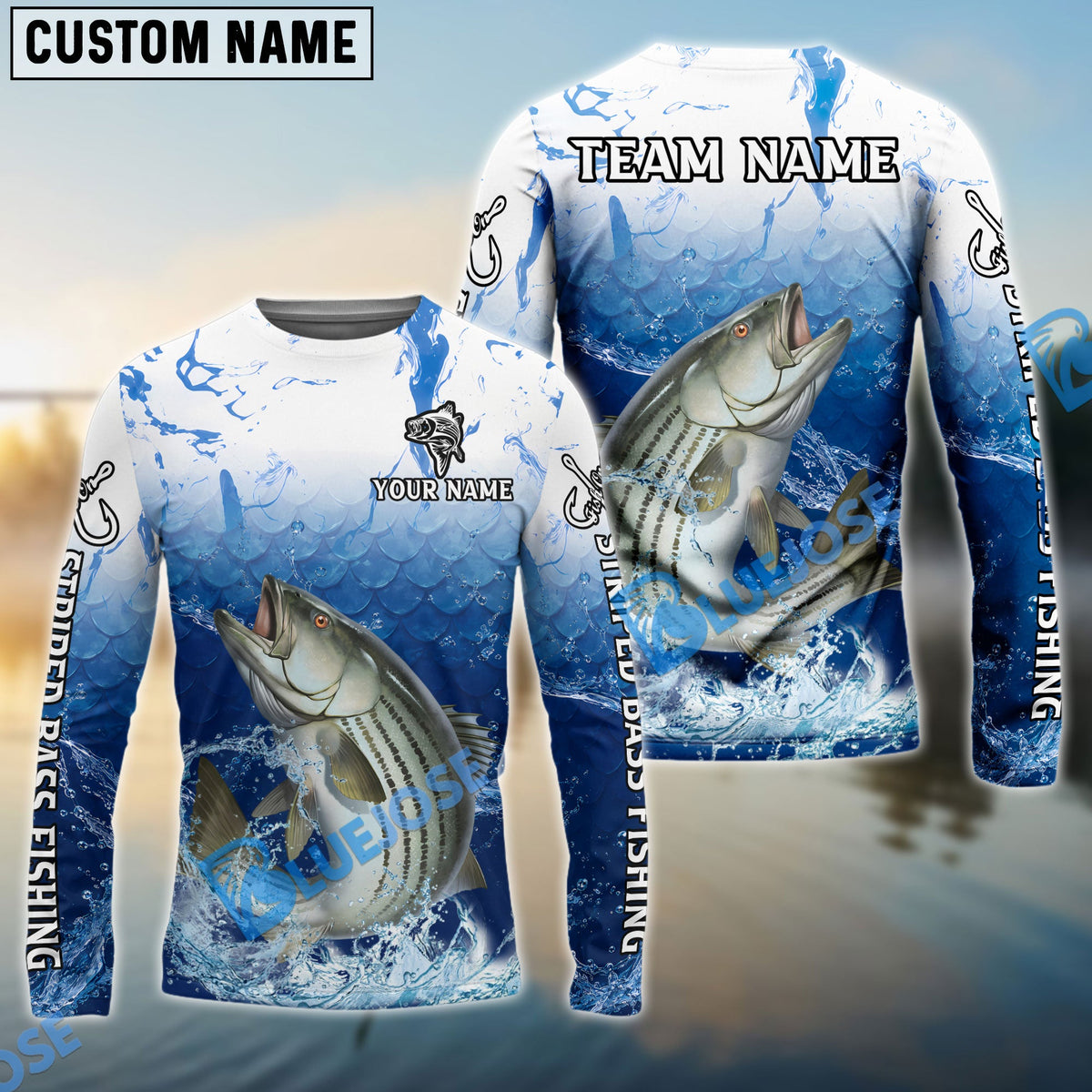 BlueJose Striped Bass Fishing Ocean Scale Gradient Splash Design Custom Name & Team Name 3D Shirts