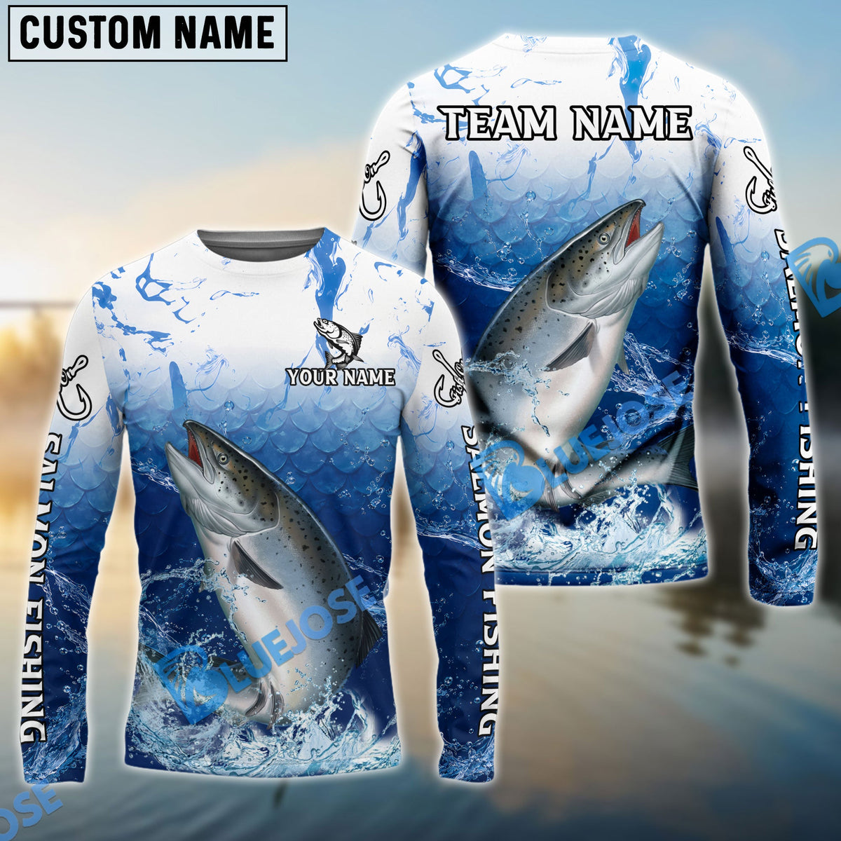 BlueJose Salmon Fishing Ocean Scale Gradient Splash Design Custom Name & Team Name 3D Shirts