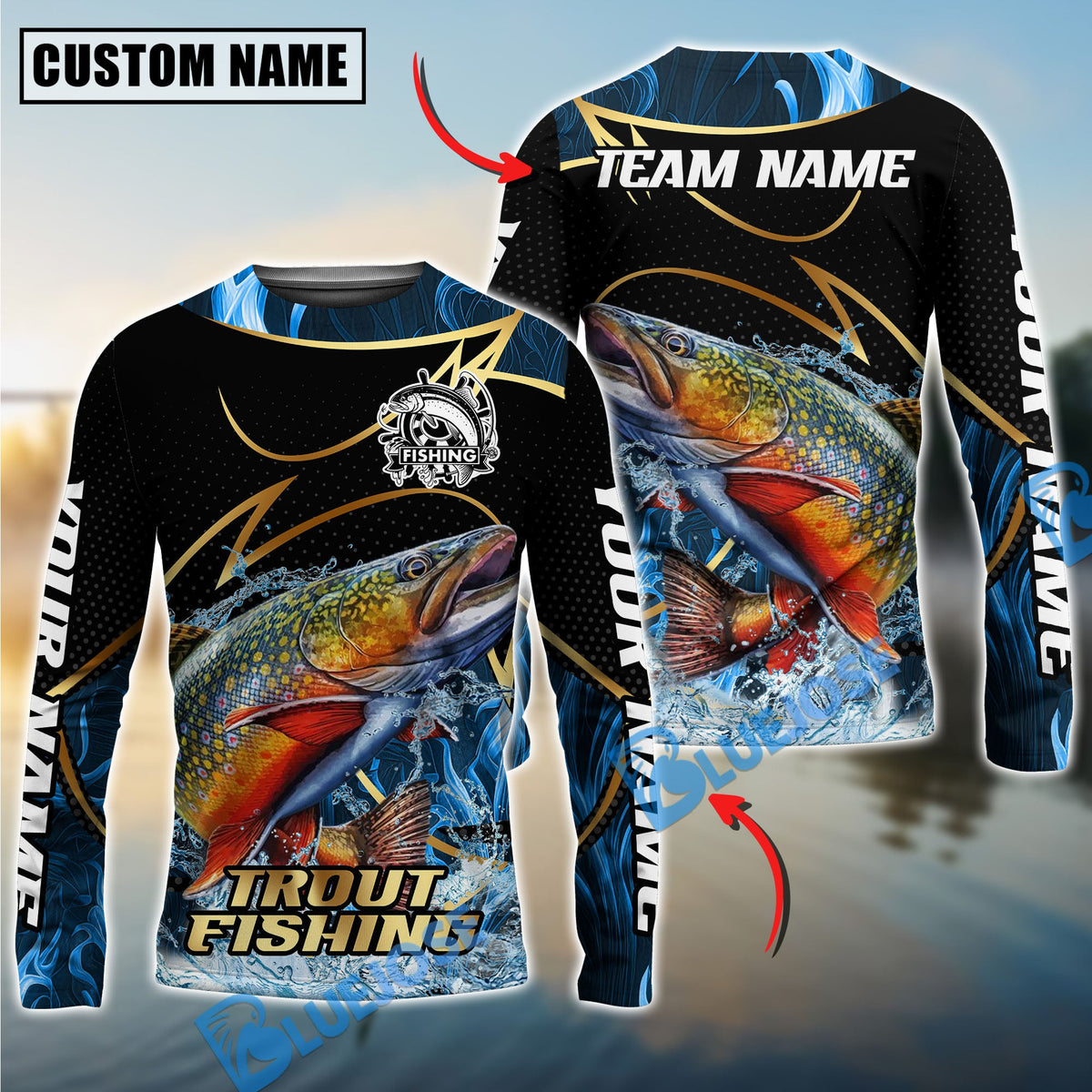 BlueJose Trout Fishing Water Splash Navy Gold Pattern Custom Name & Team Name 3D Shirts