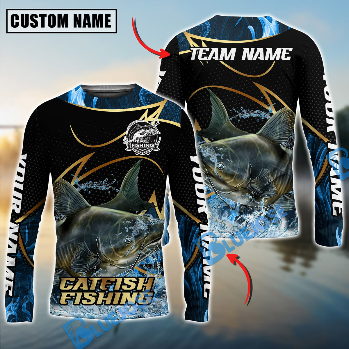 BlueJose Catfish Fishing Water Splash Navy Gold Pattern Custom Name & Team Name 3D Shirts