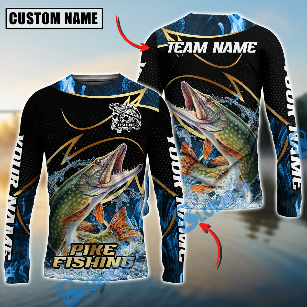 BlueJose Pike Fishing Water Splash Navy Gold Pattern Custom Name & Team Name 3D Shirts