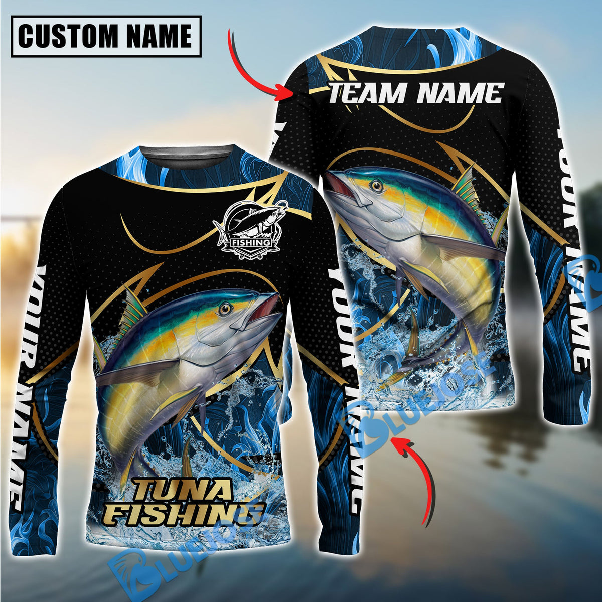 BlueJose Tuna Fishing Water Splash Navy Gold Pattern Custom Name & Team Name 3D Shirts