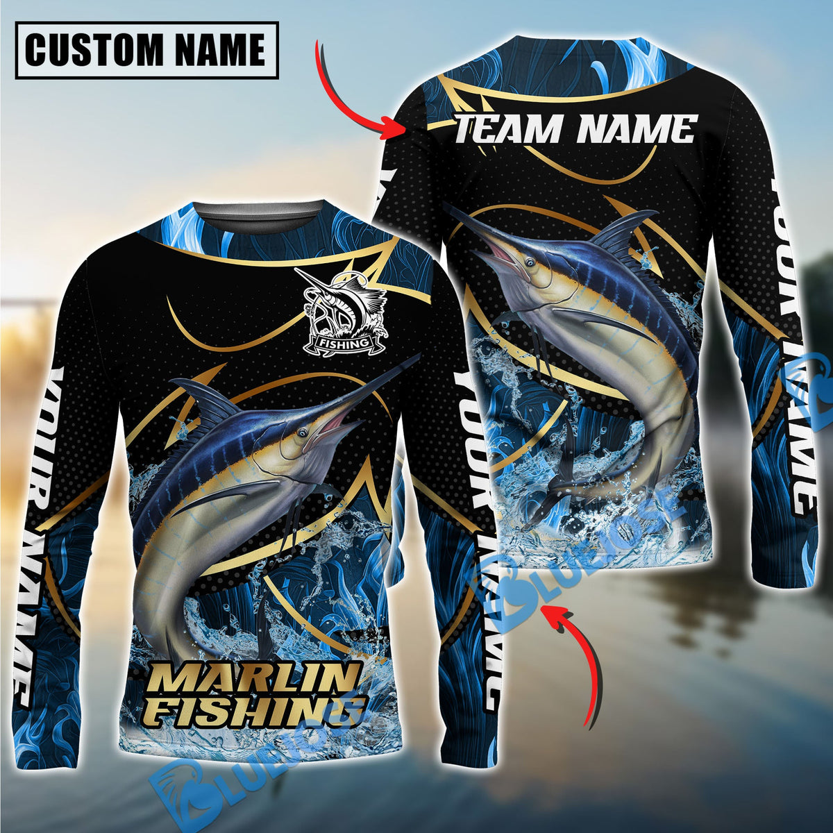 BlueJose Marlin Fishing Water Splash Navy Gold Pattern Custom Name & Team Name 3D Shirts