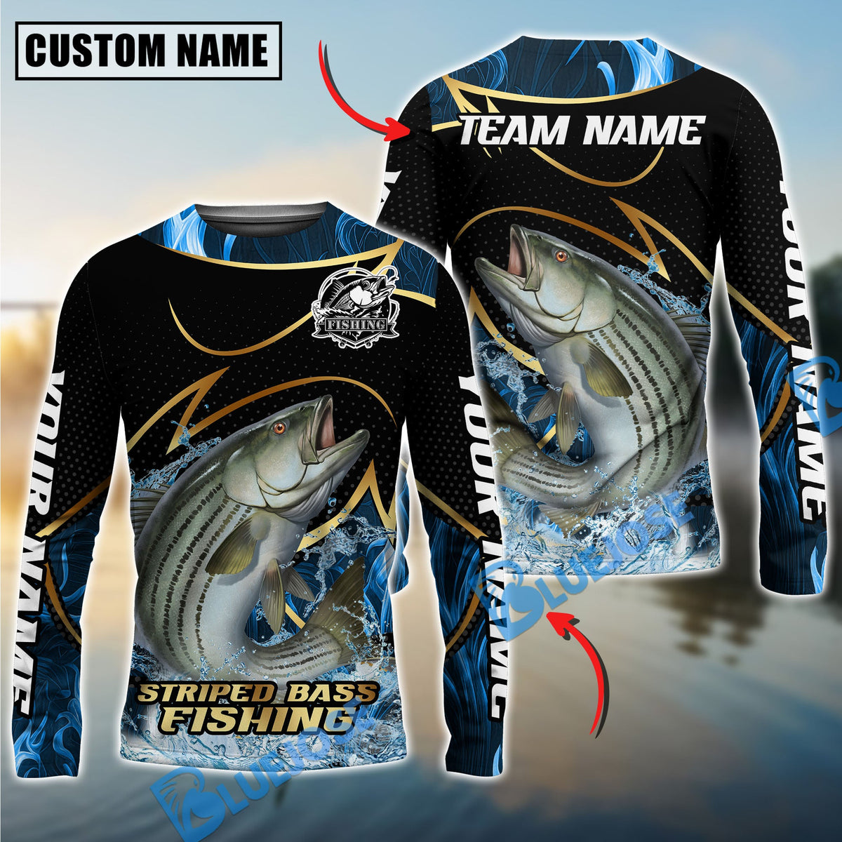 BlueJose Striped Bass Fishing Water Splash Navy Gold Pattern Custom Name & Team Name 3D Shirts
