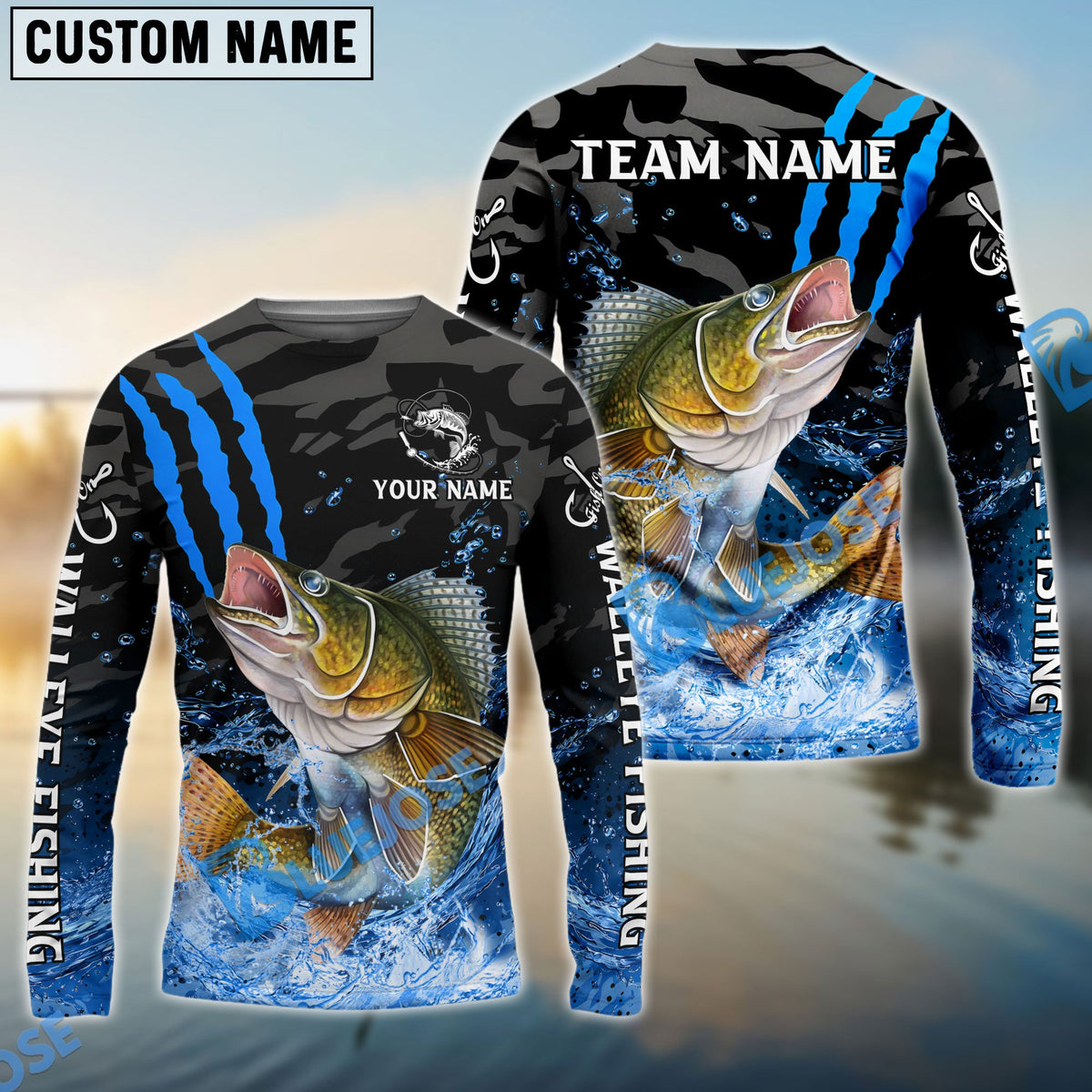 BlueJose Walleye Fishing Blue Scratch Camo Water Splash Custom Name & Team Name 3D Shirts