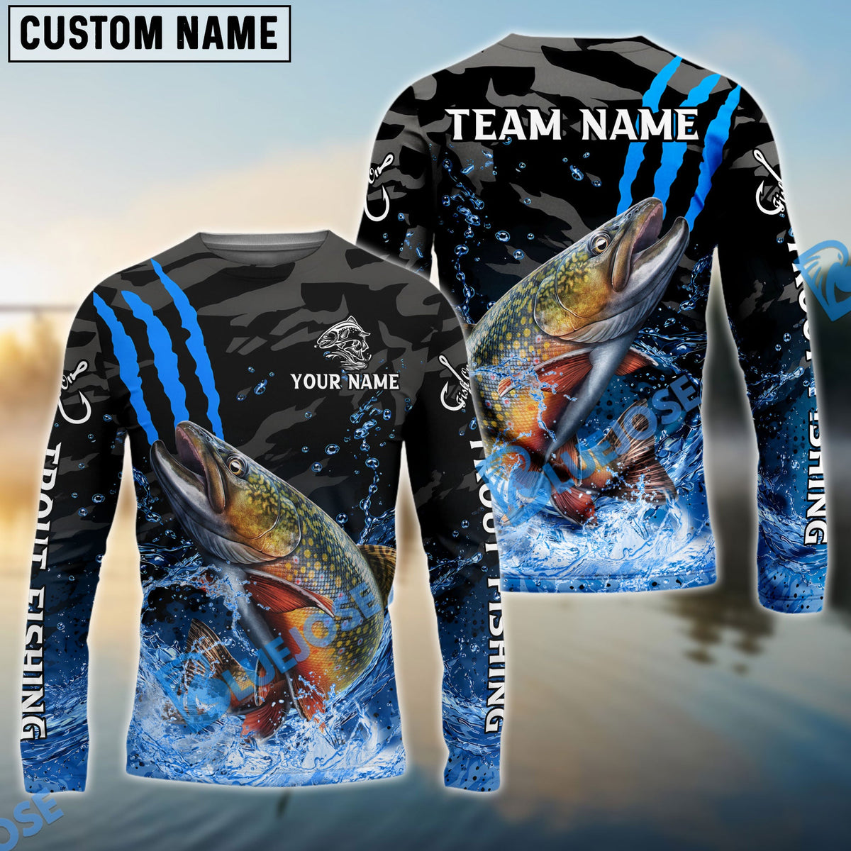 BlueJose Trout Fishing Blue Scratch Camo Water Splash Custom Name & Team Name 3D Shirts