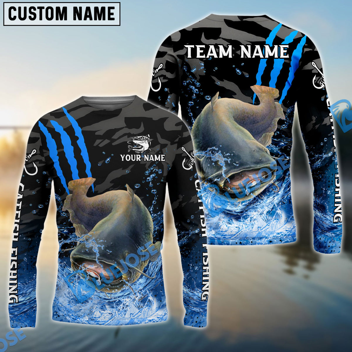 BlueJose Catfish Fishing Blue Scratch Camo Water Splash Custom Name & Team Name 3D Shirts