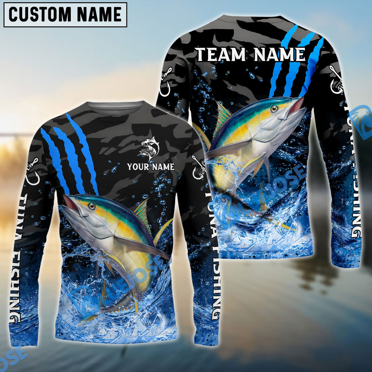BlueJose Tuna Fishing Blue Scratch Camo Water Splash Custom Name & Team Name 3D Shirts