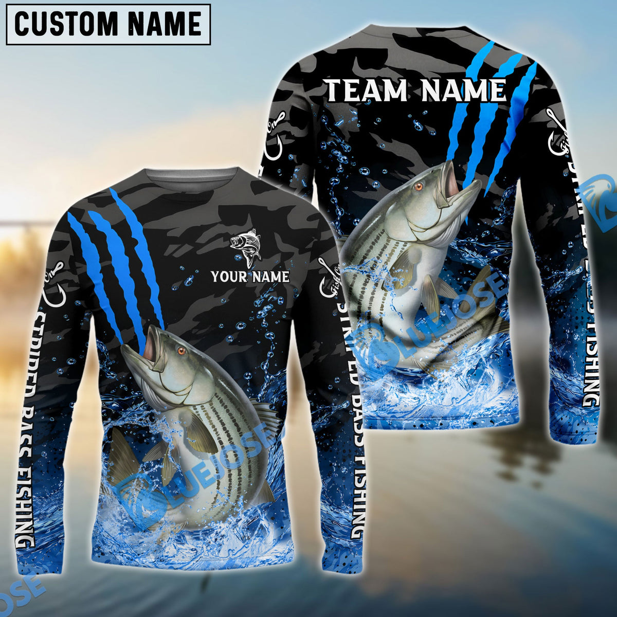 BlueJose Striped Bass Fishing Blue Scratch Camo Water Splash Custom Name & Team Name 3D Shirts