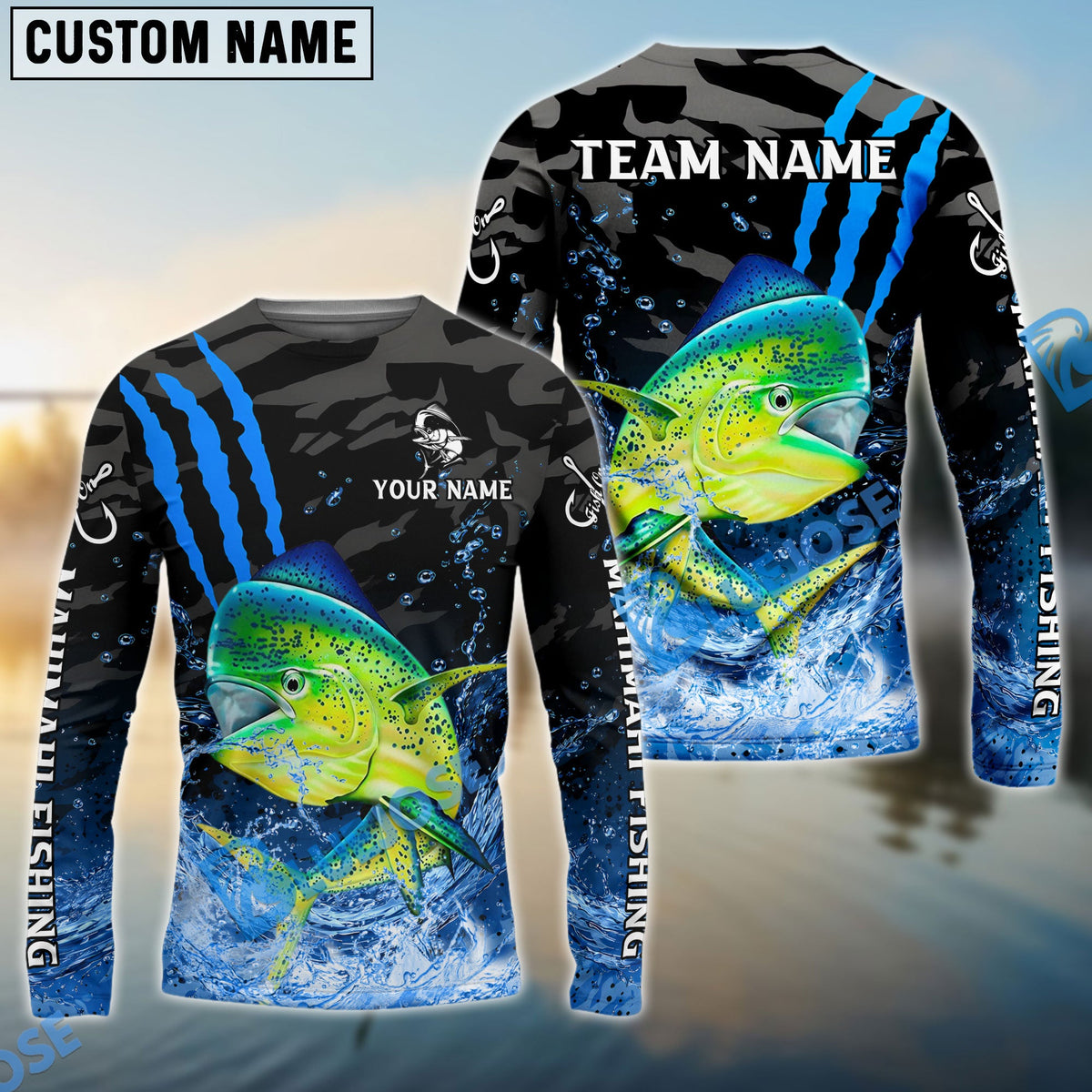 BlueJose Mahi-Mahi Fishing Blue Scratch Camo Water Splash Custom Name & Team Name 3D Shirts