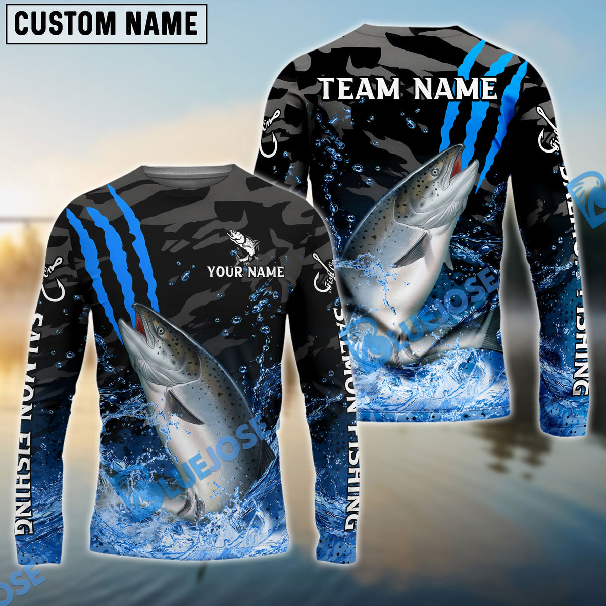 BlueJose Salmon Fishing Blue Scratch Camo Water Splash Custom Name & Team Name 3D Shirts