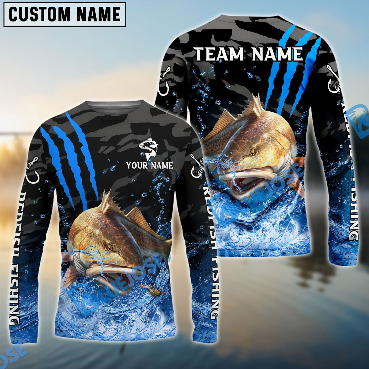 BlueJose Redfish Fishing Blue Scratch Camo Water Splash Custom Name & Team Name 3D Shirts