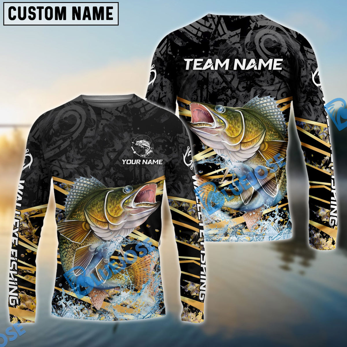 BlueJose Walleye Fishing Black Gold Splash Dynamic Pattern Custom Name & Team Name 3D Shirts