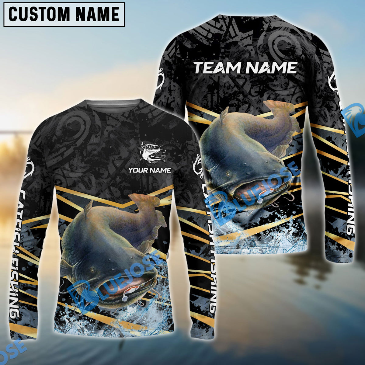 BlueJose Catfish Fishing Black Gold Splash Dynamic Pattern Custom Name & Team Name 3D Shirts
