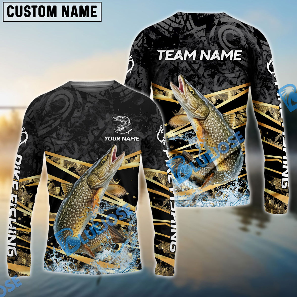 BlueJose Pike Fishing Black Gold Splash Dynamic Pattern Custom Name & Team Name 3D Shirts