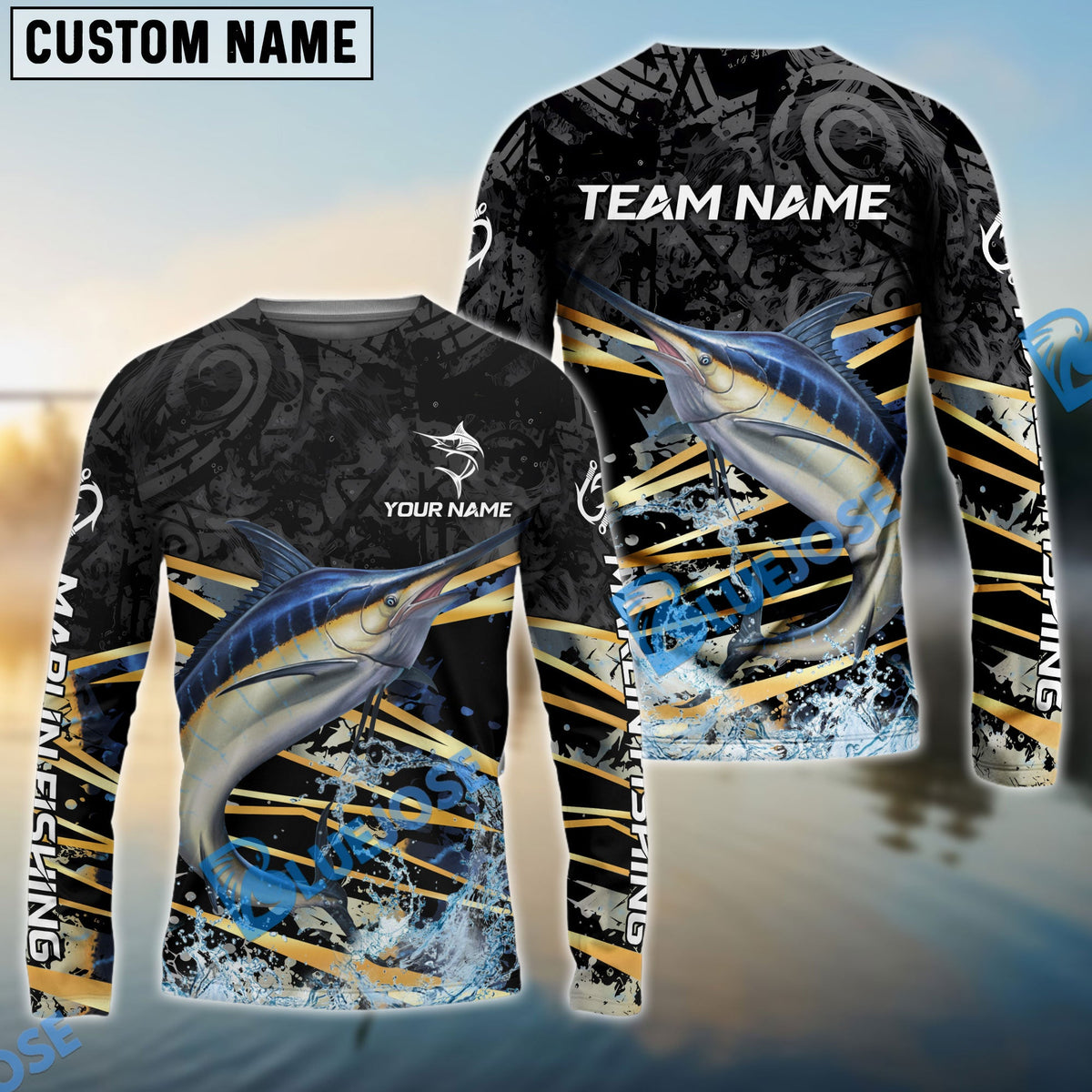 BlueJose Marlin Fishing Black Gold Splash Dynamic Pattern Custom Name & Team Name 3D Shirts