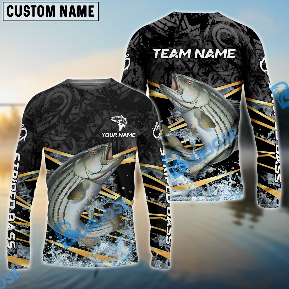 BlueJose Striped Bass Fishing Black Gold Splash Dynamic Pattern Custom Name & Team Name 3D Shirts
