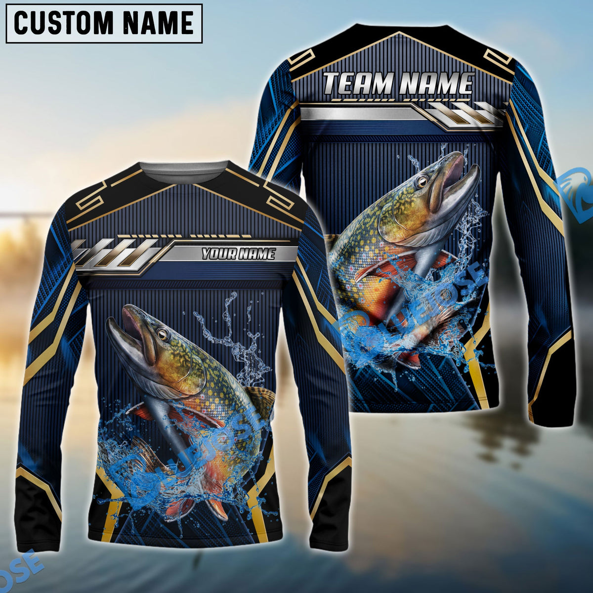 BlueJose Trout Fishing Black Gold Geometric Custom Name & Team Name 3D Shirts