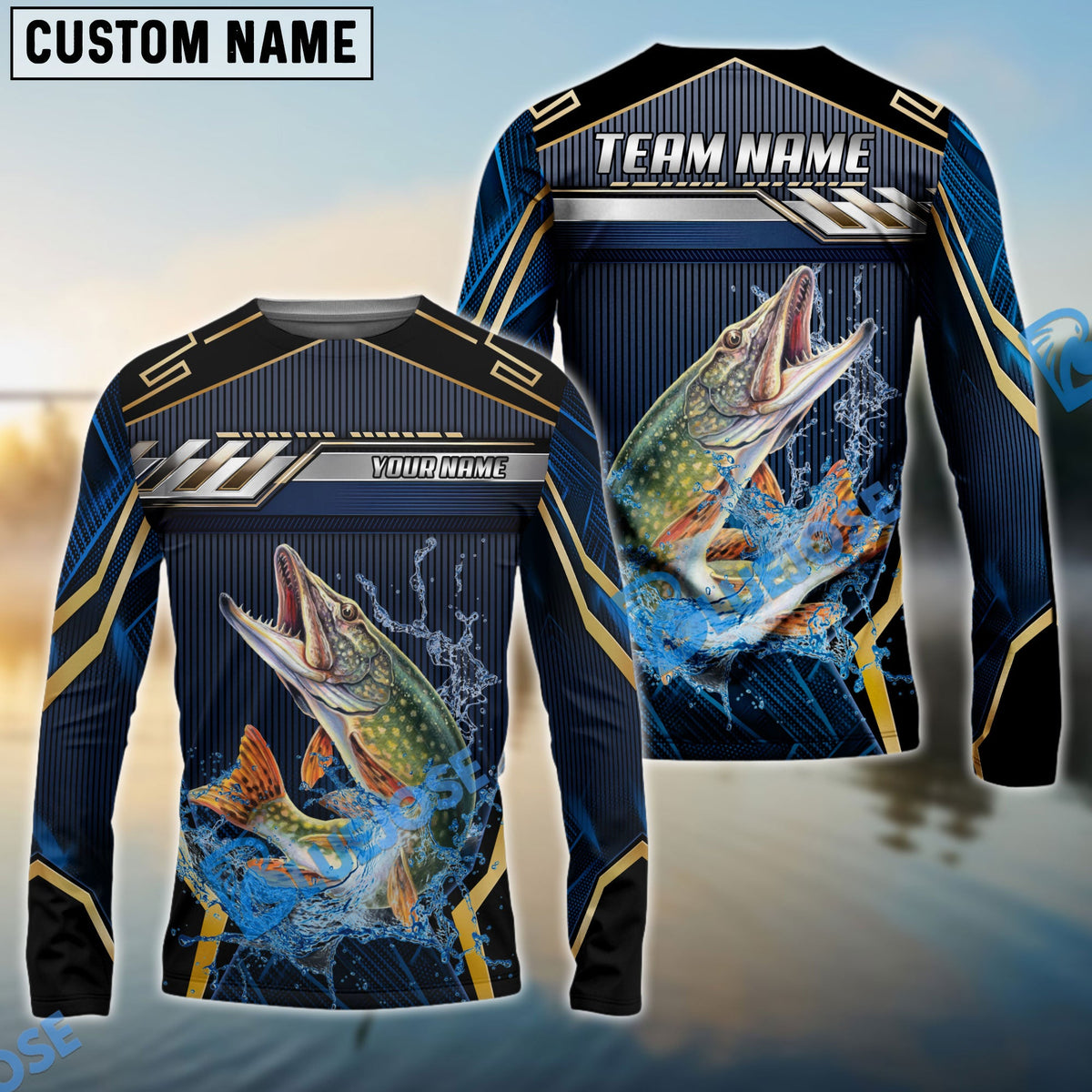 BlueJose Pike Fishing Black Gold Geometric Custom Name & Team Name 3D Shirts