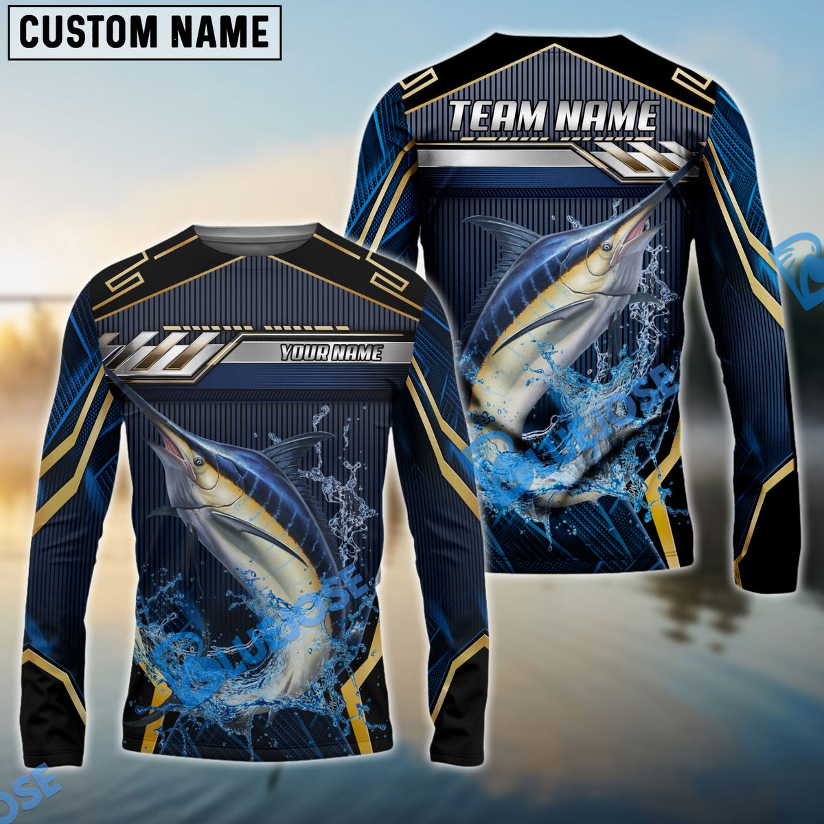 BlueJose Marlin Fishing Black Gold Geometric Custom Name & Team Name 3D Shirts
