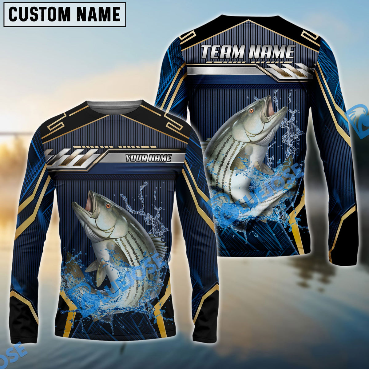 BlueJose Striped Bass Fishing Black Gold Geometric Custom Name & Team Name 3D Shirts