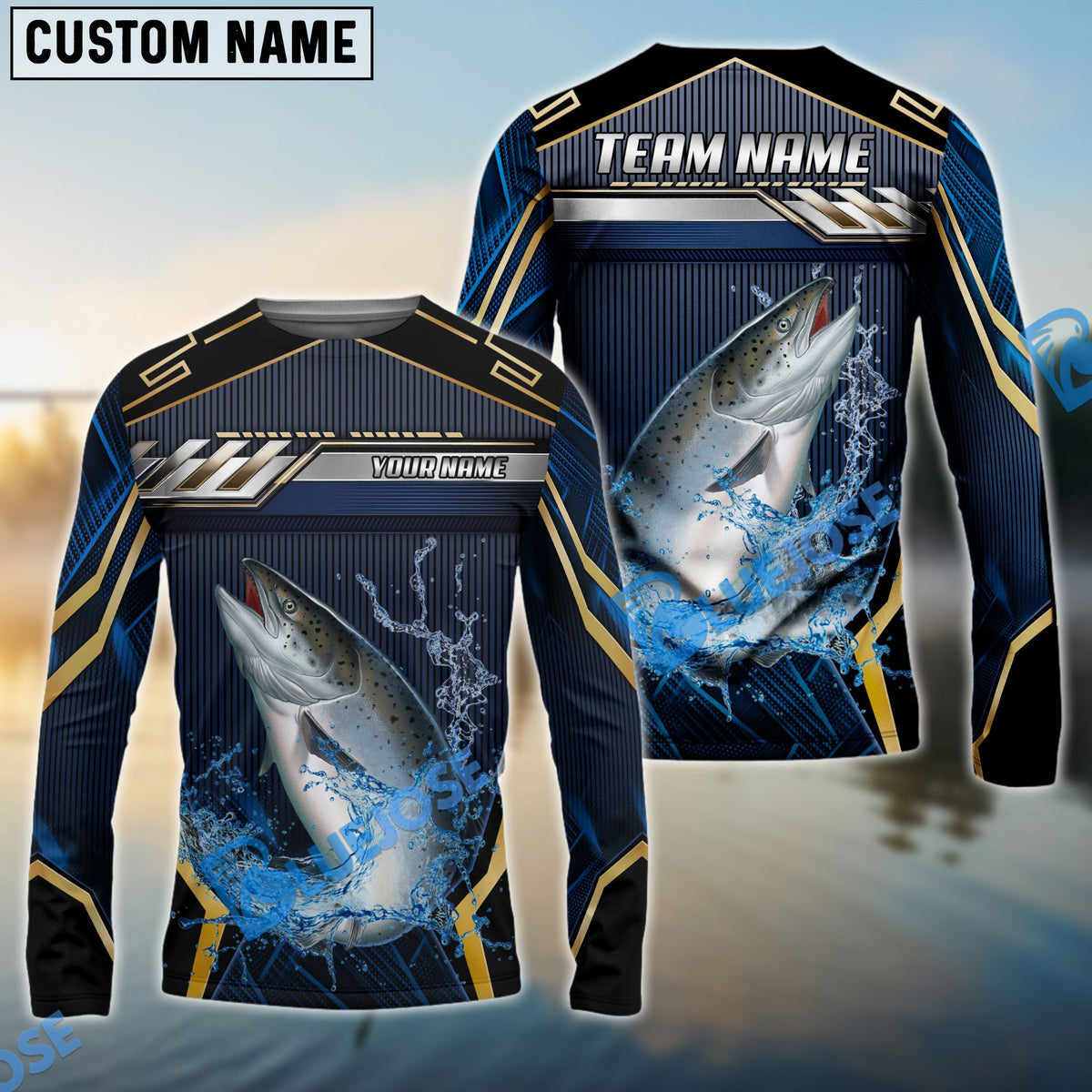 BlueJose Salmon Fishing Black Gold Geometric Custom Name & Team Name 3D Shirts
