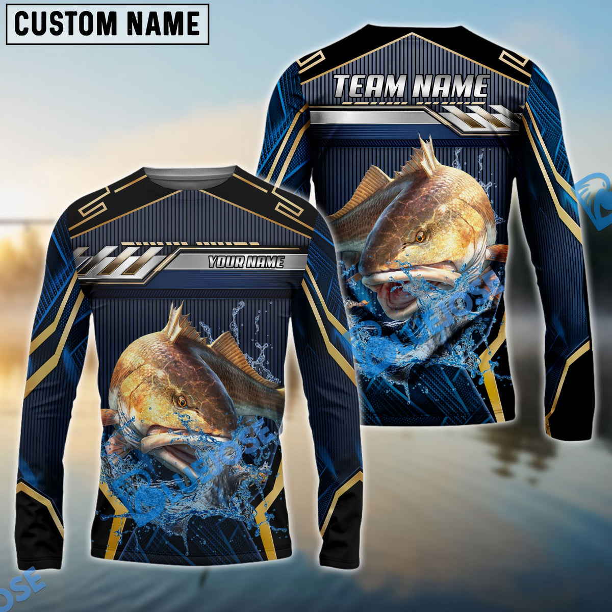 BlueJose Redfish Fishing Black Gold Geometric Custom Name & Team Name 3D Shirts