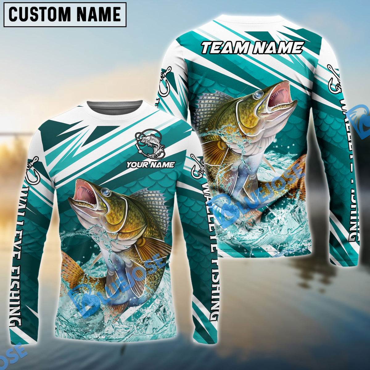BlueJose Walleye Fishing Cyan Scale Pattern Splash Water Custom Name & Team Name 3D Shirts