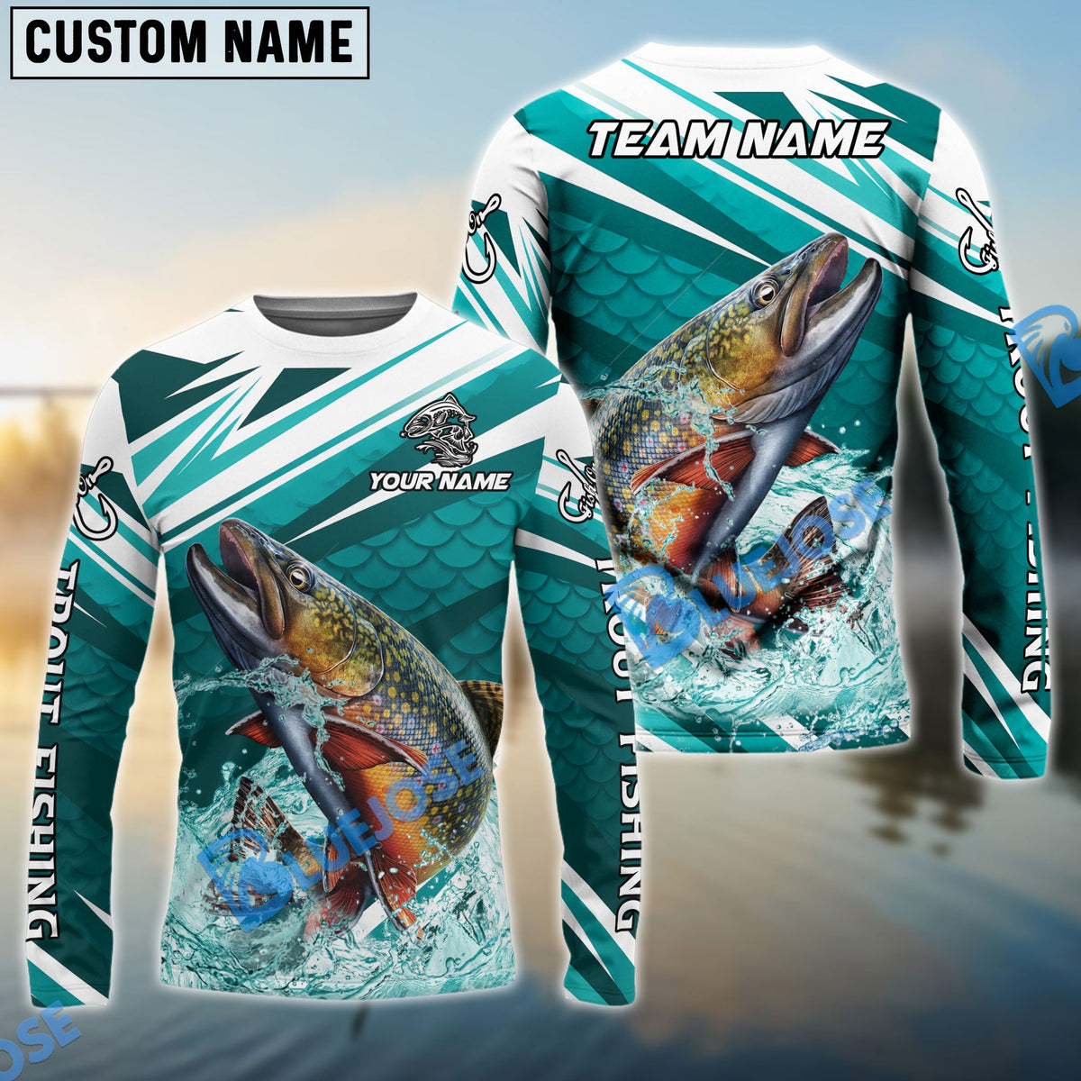 BlueJose Trout Fishing Cyan Scale Pattern Splash Water Custom Name & Team Name 3D Shirts