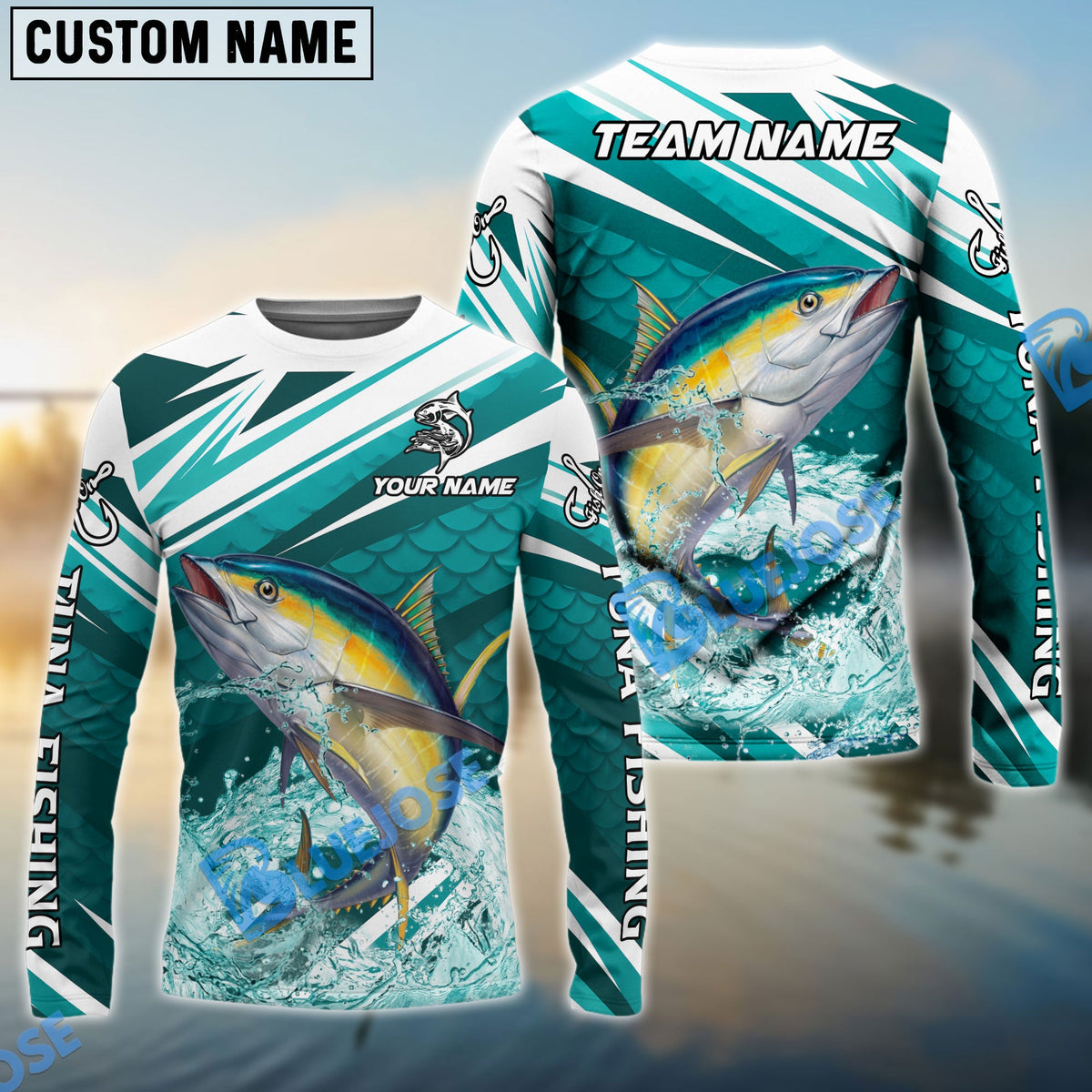 BlueJose Tuna Fishing Cyan Scale Pattern Splash Water Custom Name & Team Name 3D Shirts