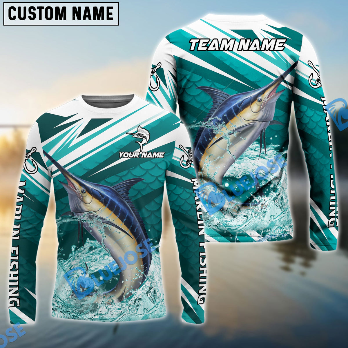BlueJose Marlin Fishing Cyan Scale Pattern Splash Water Custom Name & Team Name 3D Shirts