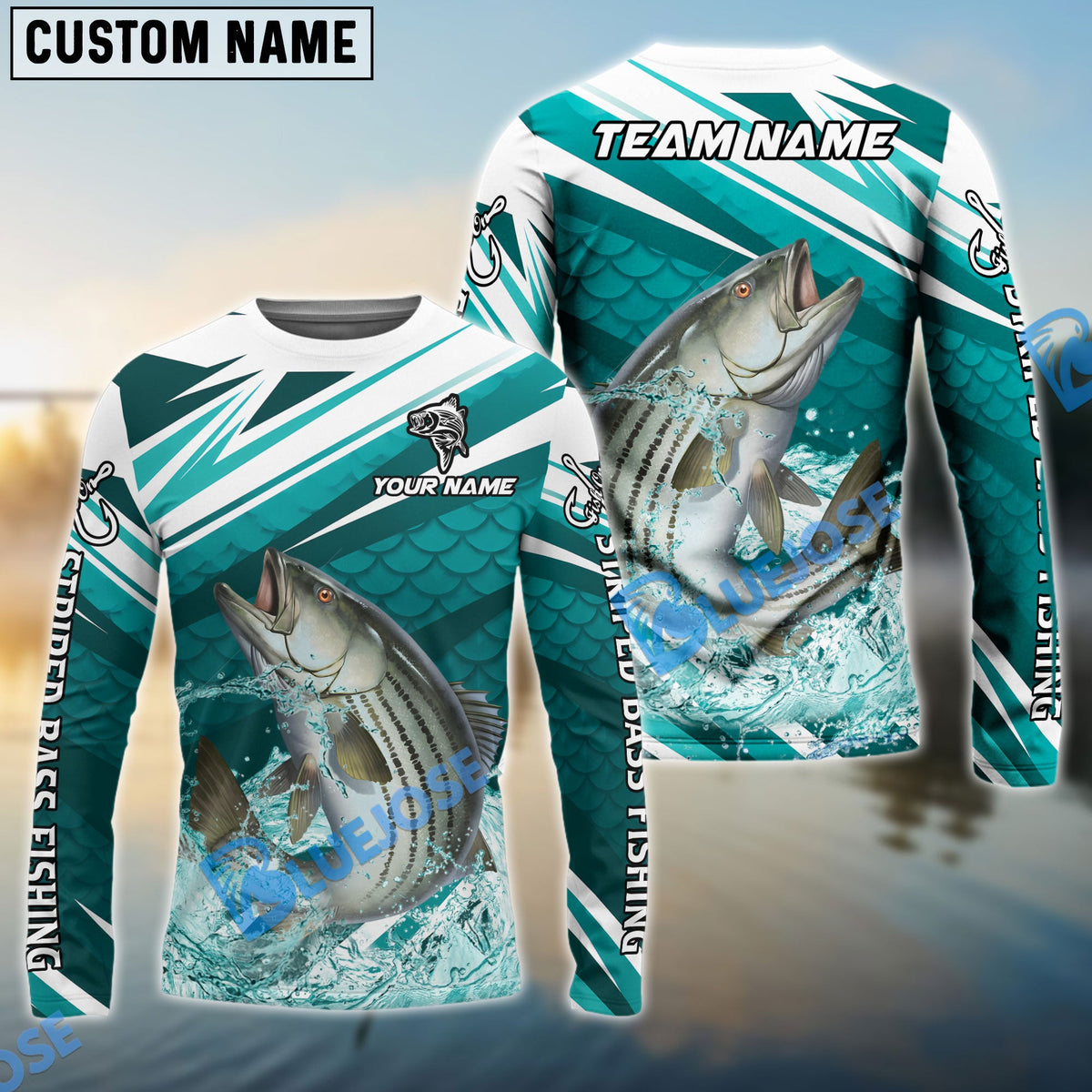 BlueJose Striped Bass Fishing Cyan Scale Pattern Splash Water Custom Name & Team Name 3D Shirts