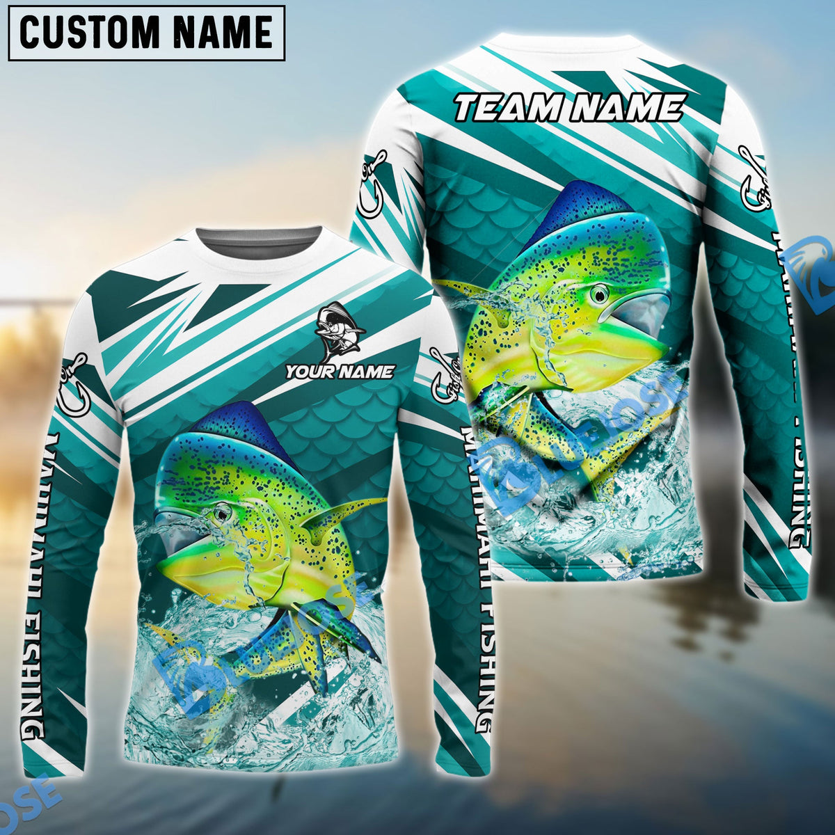 BlueJose Mahi-Mahi Fishing Cyan Scale Pattern Splash Water Custom Name & Team Name 3D Shirts
