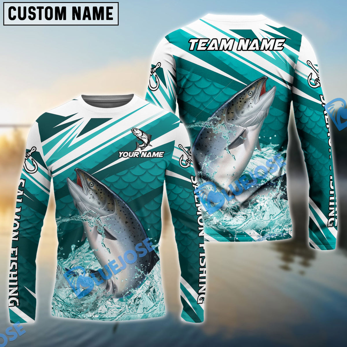 BlueJose Salmon Fishing Cyan Scale Pattern Splash Water Custom Name & Team Name 3D Shirts