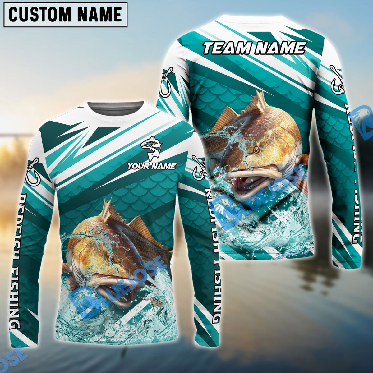 BlueJose Redfish Fishing Cyan Scale Pattern Splash Water Custom Name & Team Name 3D Shirts