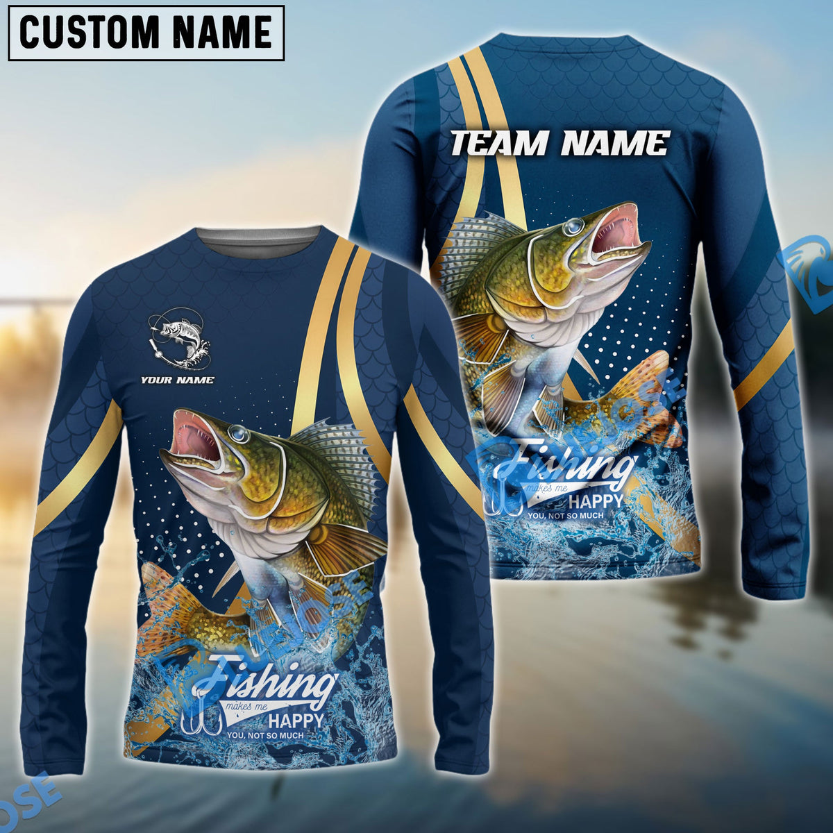 BlueJose Walleye Fishing Navy Gold Sport Stripe Scale Pattern Custom Name & Team Name 3D Shirts
