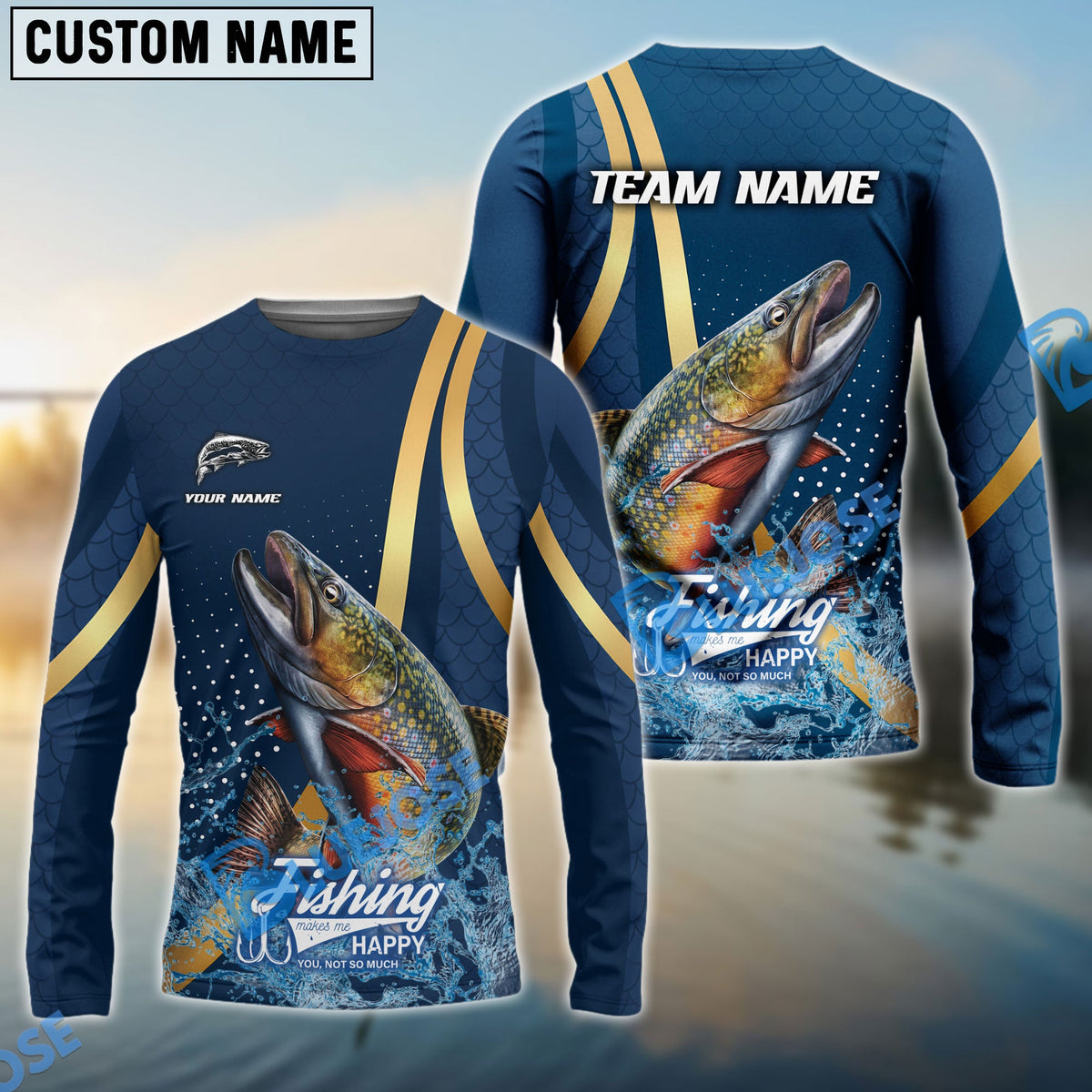 BlueJose Trout Fishing Navy Gold Sport Stripe Scale Pattern Custom Name & Team Name 3D Shirts